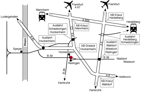 Autobahnen, Bundesstra&szlig;en und Bahnverbindungen nach Reilingen